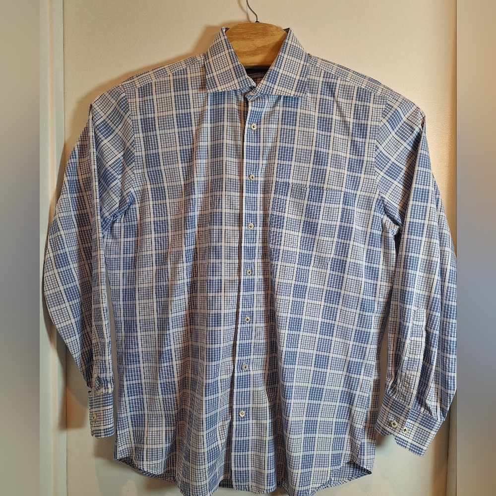 Peter Millar Men's Large Button Up Long Sleeve Shirt 100% Cotton‎ Blue & White